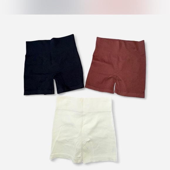 Set of Three Ribbed Biker Shorts - Black, Brown, and Cream - Picture 1 of 4